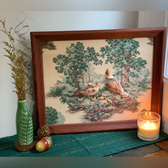 Framed Hand Sewn Trapunto Quilted Art - Quail Family **hunting lodge aesthetic**